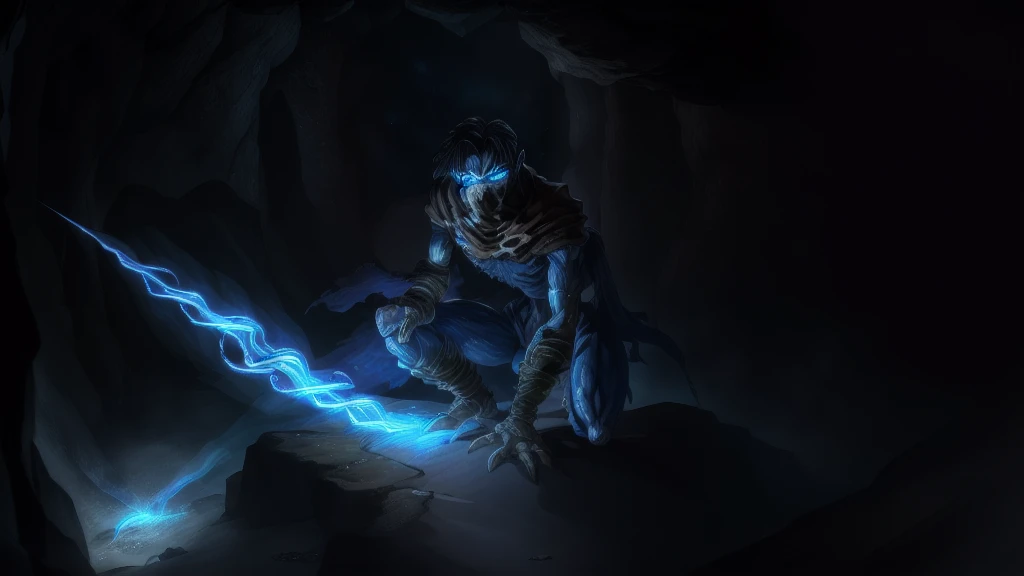 insane details, soft, (realistic:1), (highly detailed:1.2), masterpiece, 8k uhd, digital art, photo realistic illustration of raziel,(wearing neck gaiter), dutch angle, glowing white eyes ,looking away, from below, cave in background,light particles, iluminated by blue light, holding the soul reaver, magical sword, squatting,