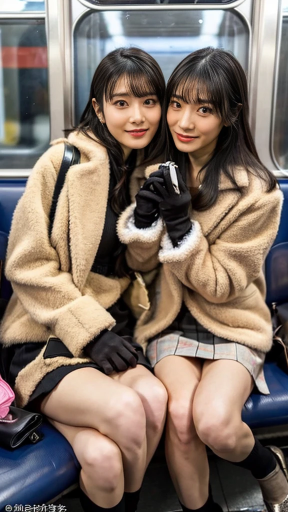 A photo of two mature Japanese gals with flashy hair wearing cute fur coats, pumps, and shiny, thin, short black leather gloves.,sitting cross-legged,Inside the train,Voyeur,Heavy makeup face eyeshadow,mascara,cross the her legs,Ultra-detailed face, open eyes,((Legs crossed)).Smelly black short socks, Ultra Mini Skirt,She looks at the photographer with an inviting expression.,School Bags,This photo was taken in daylight with soft lighting..、The girls are sitting on train seats.。. This photo was taken by someone on their cell phone..、Apparently it was posted on Snapchat.。. 