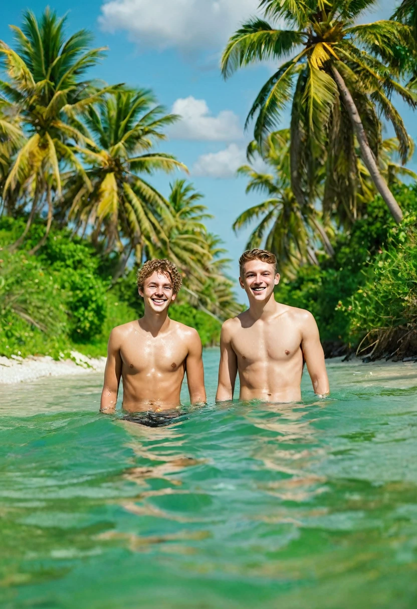 Highest quality portrait of two young guys on the beach in knee-deep water. Two young attractive boys swimming in the sea, completely naked with Красивые стринги , Beautiful green beach with palm trees and flowers, Beautiful , smiling , Friends . Highest quality photographic portrait !