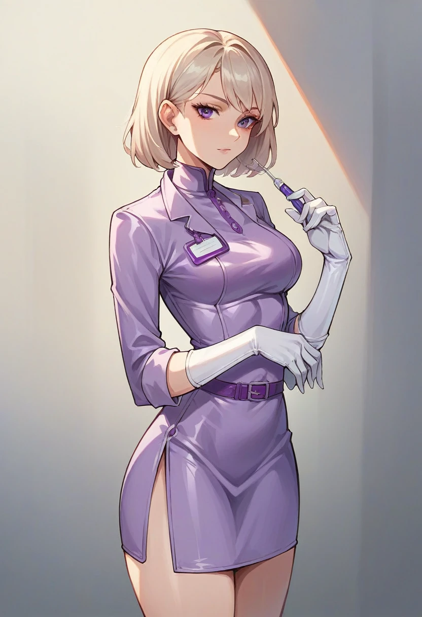 1girl, light hair, ((white elbow gloves)), ((surgical gloves)), ((latex gloves)), ((long sleeves)) ((purple surgeon outfit)), looking at viewer, ((purple doctor outfit)), standing, solo