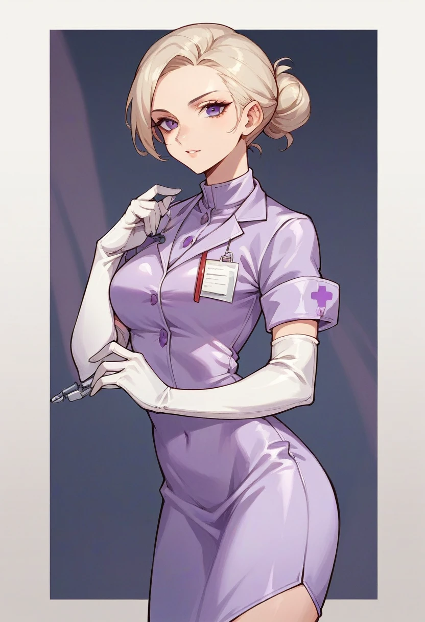 1girl, light hair, ((white elbow gloves)), ((surgical gloves)), ((latex gloves)), ((long sleeves)) ((purple surgeon outfit)), looking at viewer, ((purple doctor outfit)), standing, solo