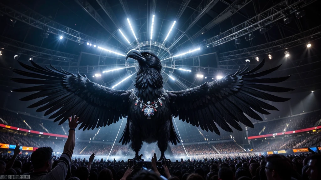 Create a high-definition image of a giant raven in the center of a packed stadium. The raven is wearing a necklace with a Maltese cross pendant. The crowd is dressed entirely in white, cheering and waving their hands. The raven is majestic and imposing, with intricate feather details and a powerful presence. The stadium is filled with vibrant energy, lights, and smoke effects, adding to the dramatic atmosphere. The background shows thousands of excited fans, creating a striking and surreal scene.