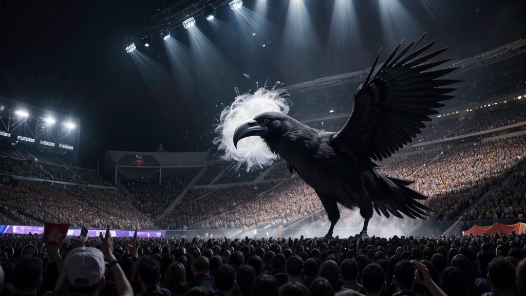 Create a high-definition image of a giant raven in the center of a packed stadium. The raven is wearing a necklace with a Maltese cross pendant. The crowd is dressed entirely in white, cheering and waving their hands. The raven is majestic and imposing, with intricate feather details and a powerful presence. The stadium is filled with vibrant energy, lights, and smoke effects, adding to the dramatic atmosphere. The background shows thousands of excited fans, creating a striking and surreal scene.