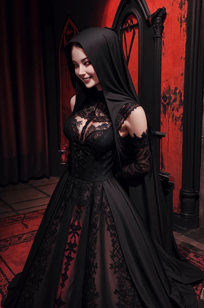long-haired ,Wearing a long black lace dress,(((head uncovered))), Shoulders exposed, grin smile,(((((unholy))))),red color eyeystical ambiance))),(((Dark style)))
