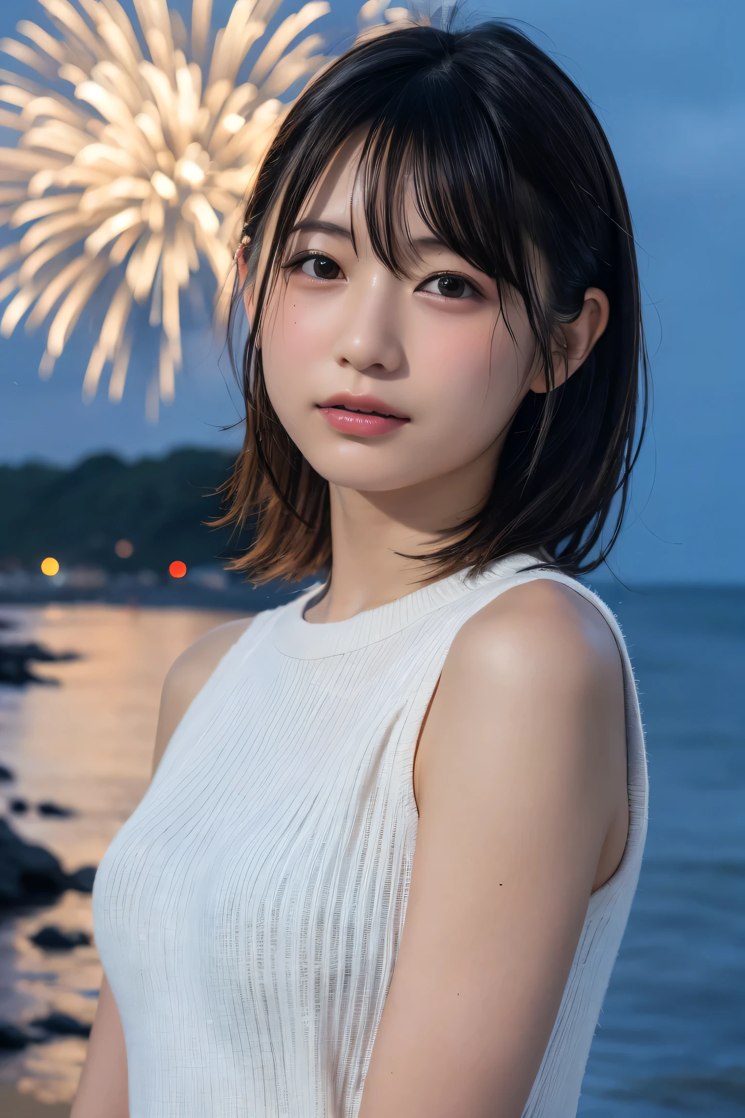 Japanese、Age 25、sister、Randomly generated people with diverse facial features and hairstyles、Perfect Anatomy,Ocean、Beach、firework、Night Sky、打ち上げfirework、目をOceanつぶる、Mature woman