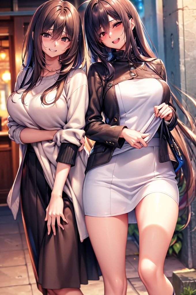 masterpiece)),((Highest quality)),High resolution,Highly detailed CG,Perfect lighting,8k wallpaper、One Woman, alone、Black Hair、Very long hair、Ahoge、Hiding one eye、Slanted Eyes、Red Eyes、Very large breasts、Very large breasts、very thick legs、grin、、Looking into the camera、Captivating smile, White vertical sweater、White clothes、Black long skirt、Clothes that hide skin、Double teeth、