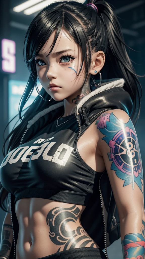 a close up of a 10 year old girl with tattoos on her face, cyberpunk, huge breasts, trending on cgi society, digital art, render of a cute 3d anime girl, she is wearing streetwear, cute cartoon style, jojo anime style, ultra hd, 4k detailed