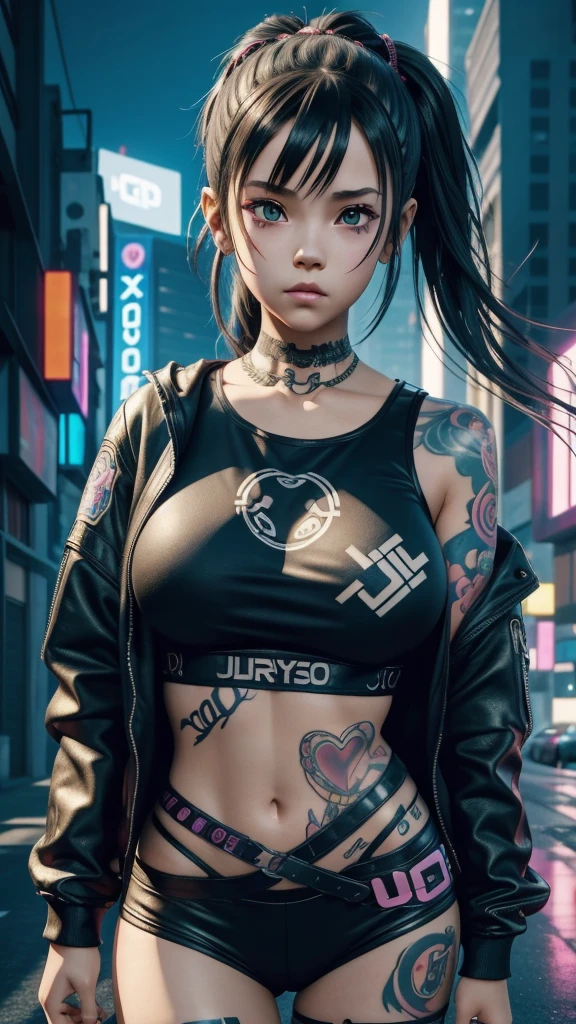 a close up of a 10 year old girl with tattoos on her face, cyberpunk, huge breasts, trending on cgi society, digital art, render of a cute 3d anime girl, she is wearing streetwear, cute cartoon style, jojo anime style, ultra hd, 4k detailed