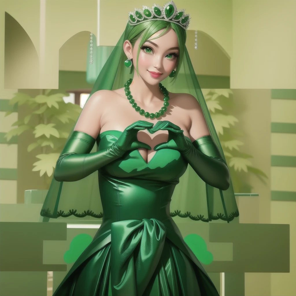 Emerald tiara, Green Pearl Necklace, ボーイッシュな非常に短いGreen Hair, Green Lips, Smiling Japanese woman, Very short hair, Busty beautiful lady, Green Eyes, Green satin long gloves, Green Eyes, Emerald Earrings, Green veil, Heart with both hands, Green Hair, Beautiful Japanese Woman, Heart shaped hands:1.3, green lip gloss