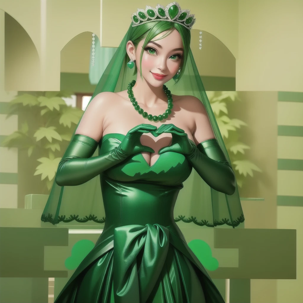 Emerald tiara, Green Pearl Necklace, ボーイッシュな非常に短いGreen Hair, Green Lips, Smiling Japanese woman, Very short hair, Busty beautiful lady, Green Eyes, Green satin long gloves, Green Eyes, Emerald Earrings, Green veil, Heart with both hands, Green Hair, Beautiful Japanese Woman, Heart shaped hands:1.3, green lip gloss