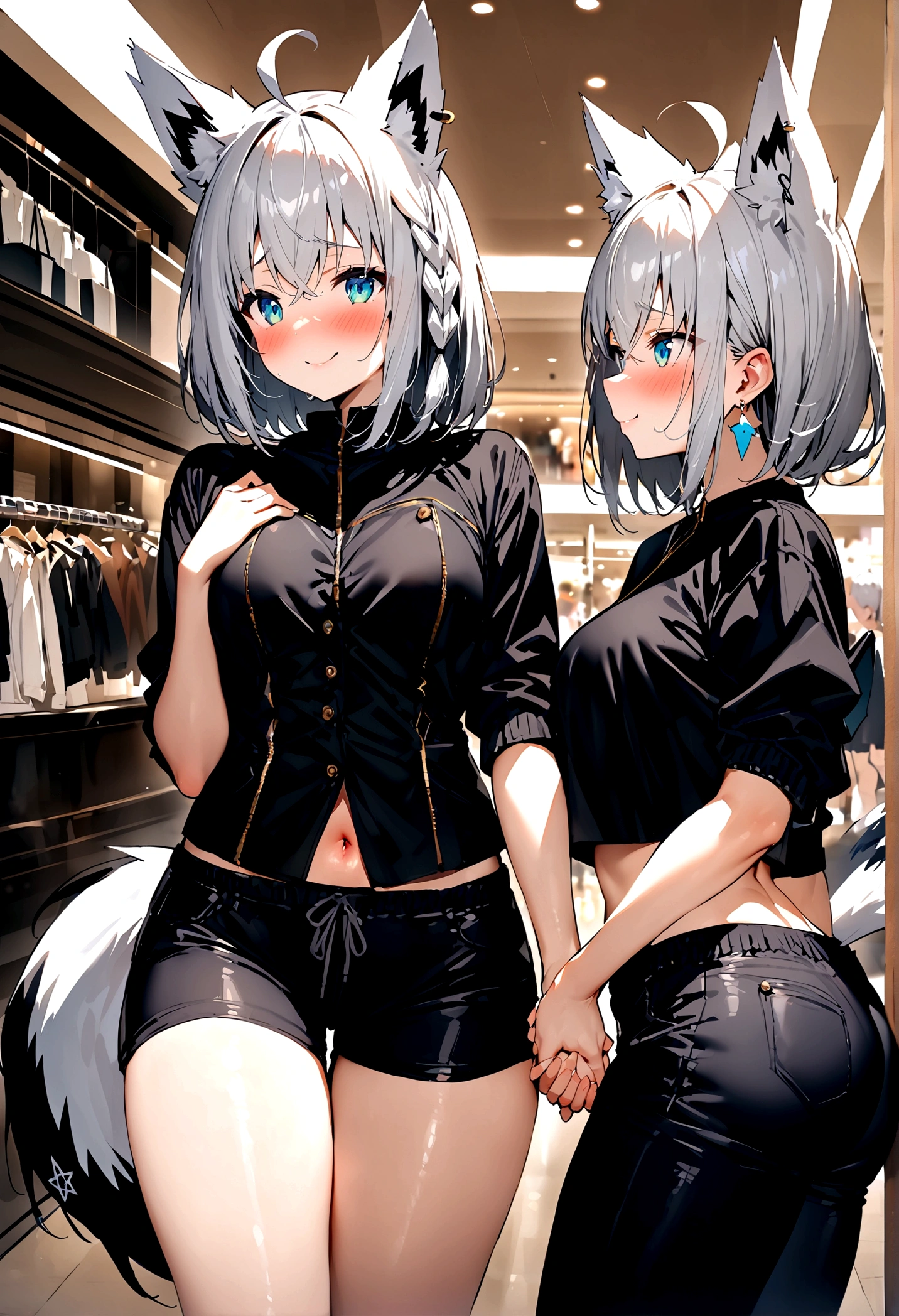 NSFW,masterpiece,Highest quality,High resolution,Super detailed,Shirakami Fubuki\(Hololive\),Gray Hair、One-sided braid、Ahoge、Earrings,Fox ears,Fox tail,Jacket,Crop top,Shorts,Embarrassed,blush,Expecting face,Seduce,smile,Shopping mall,(Young men),Holding hands,Date,From the side