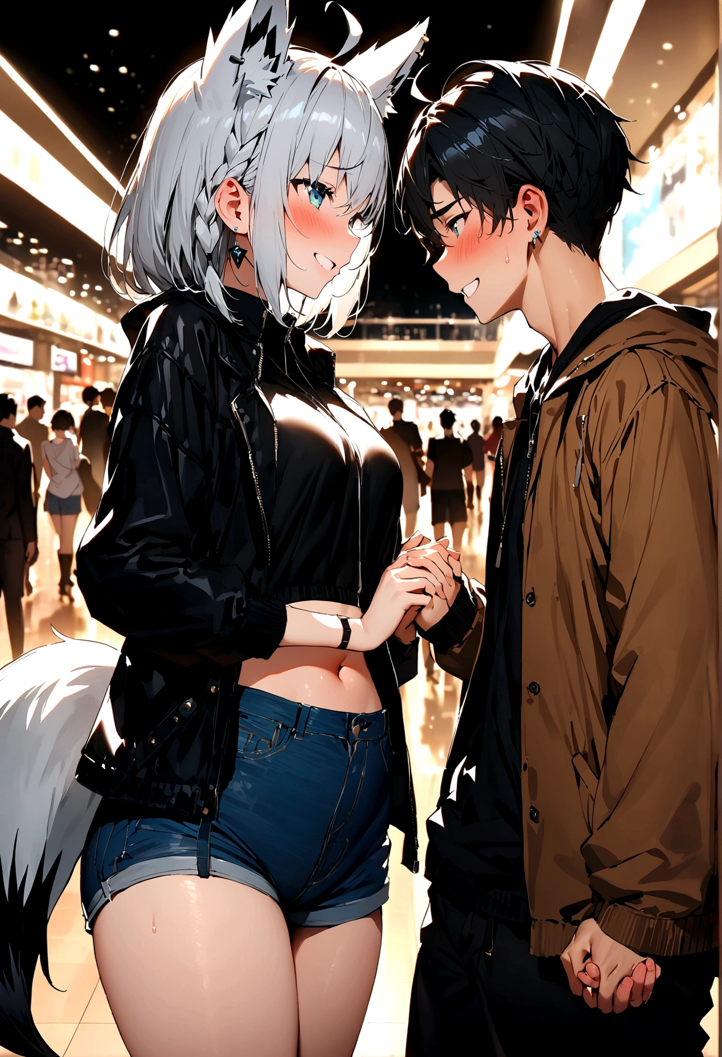 NSFW,masterpiece,Highest quality,High resolution,Super detailed,Shirakami Fubuki\(Hololive\),Gray Hair、One-sided braid、Ahoge、Earrings,Fox ears,Fox tail,Jacket,Crop top,Shorts,Embarrassed,blush,Expecting face,Seduce,smile,Shopping mall,(Young men),Holding hands,Date,From the side