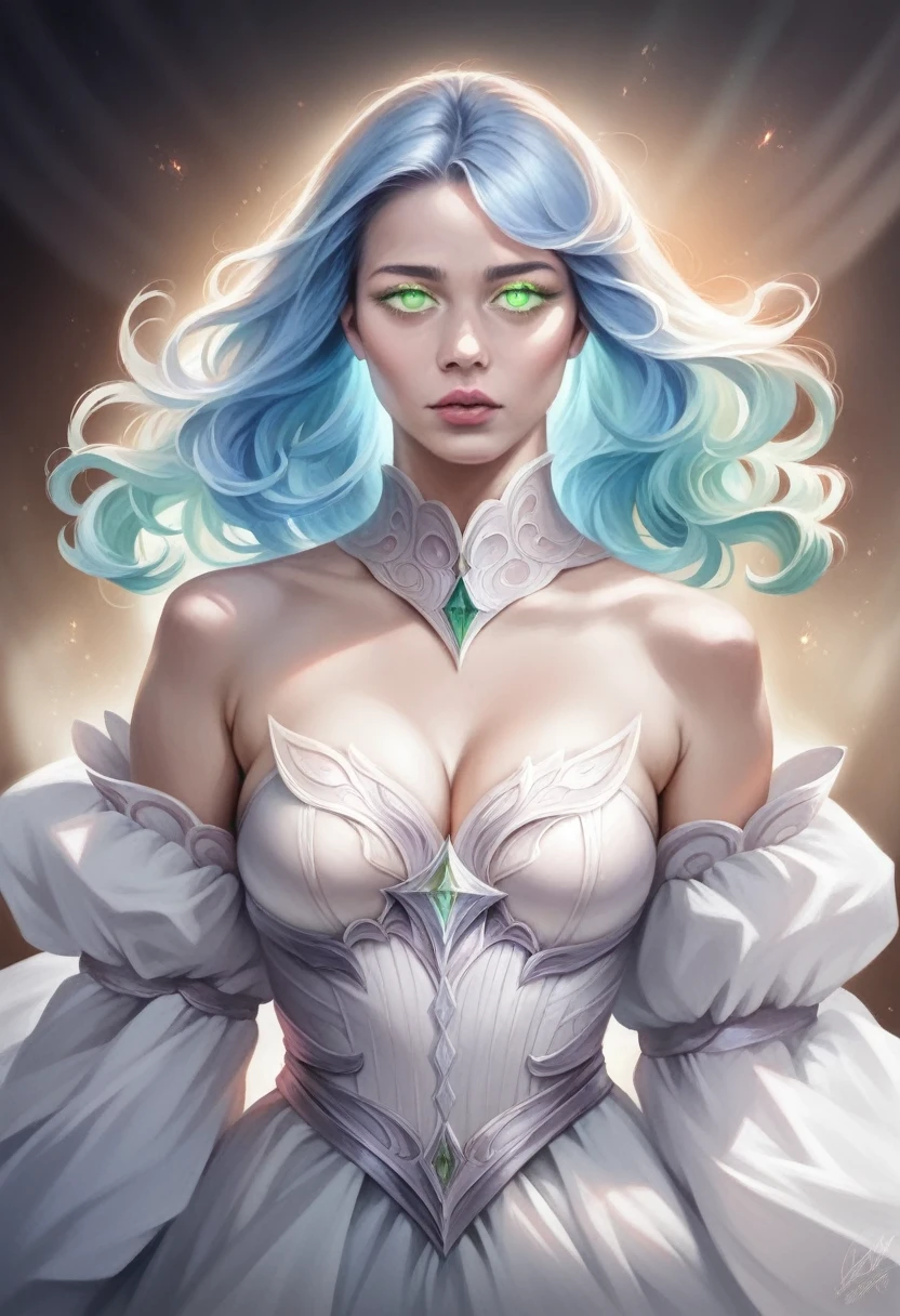 a beautiful young girl with long blue hair, green eyes, wearing a white dress and pink shoes, serene expression, delicate features, ethereal, magical, fantasy, digital painting, highly detailed, intricate, vibrant colors, dramatic lighting, cinematic composition, (best quality,4k,8k,highres,masterpiece:1.2),ultra-detailed,(realistic,photorealistic,photo-realistic:1.37),extremely detailed eyes and face,longeyelashes,beautiful detailed lips,beautiful detailed eyes,soft focus,warm colors,dramatic lighting