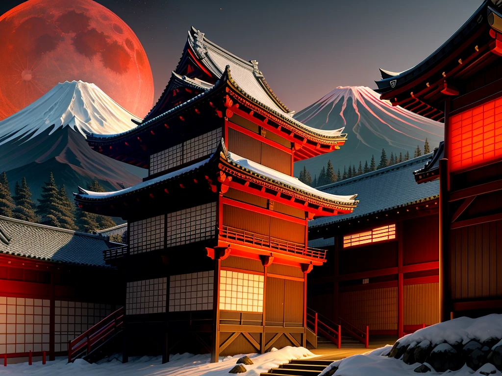 Feudal Japan Scenery, red moon, mount fuji, anthem game inspiration, epic image, ero, facade, Extremely meticulous, HD, artistry