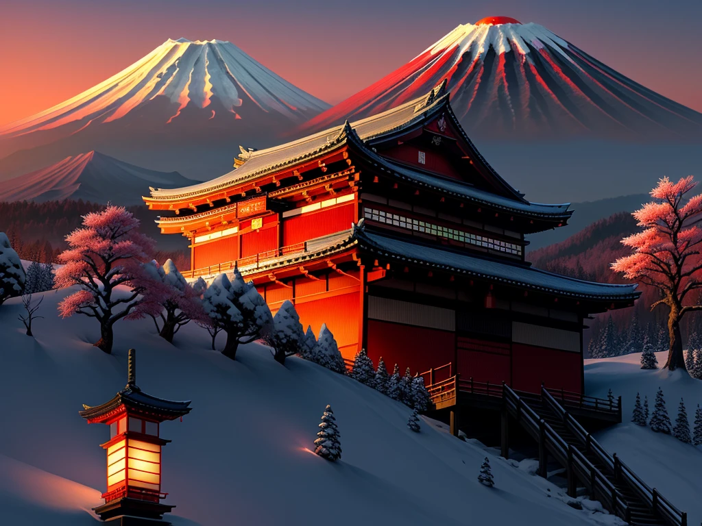 Feudal Japan Scenery, red moon, mount fuji, anthem game inspiration, epic image, ero, facade, Extremely meticulous, HD, artistry