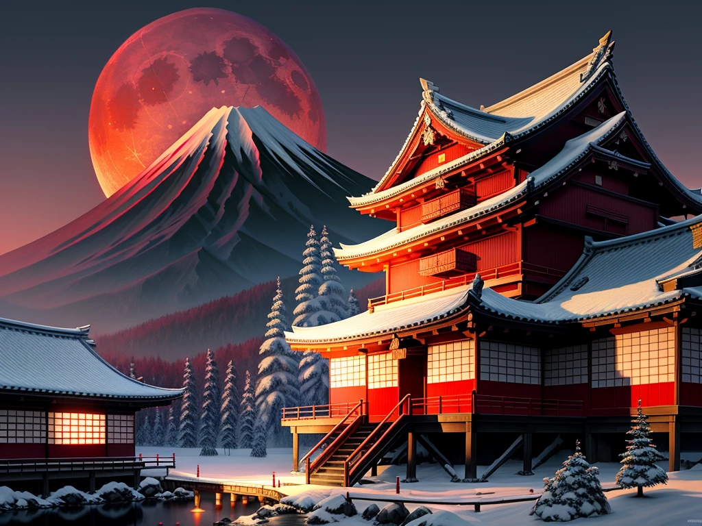 Feudal Japan Scenery, red moon, mount fuji, anthem game inspiration, epic image, ero, facade, Extremely meticulous, HD, artistry