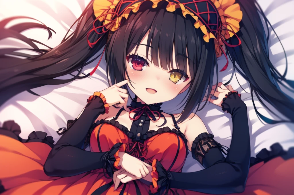 KurumiBase, (clock eyes), heterochromia, twintails, hairband, red dress, frills, detached sleeves, frilled choker,Lying down,bed,Blushing,View your viewers,Open Mouth Smile,Face close up,Simple Background,,best image quality,highest quality