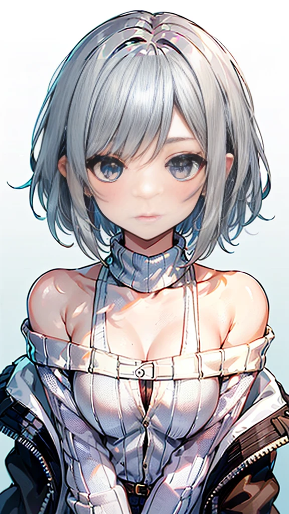 (Darjeeling,Nishizumi Shiho,Nishikinuyo),
One Woman,
(Silver Hair:2.00),
(Hairstyle:Short Hair),Bobcut,
Early 30s,Natural skin texture,Narrow waist,Thin type,Adult atmosphere,
(Asian Skin:1.9),Height: 170cm,Japanese Girl,,
Blue Eyes,Small breasts,Princess,
(((Brown off-the-shoulder sweater:Jacket:1.8))),
((ID photo:1.8,Plain cerulean blue background:1.6,Capture your subject from the front)),
(expression(Puzzled),upright posture,Closed Mouth,narrowed eyes,blush),
(valley),Condescending attitude,
Natural depiction,
Beautiful depiction,
Shiny eyes,
Healthy Body,
自然なHairstyle,
Natural body contours,
Natural facial contours,
(Five fingers)Absolute depiction,Symmetrical fingers,
Two arms,
Two legs,
Sharp eyelid depiction,
Symmetrical eyes,Symmetrical eyes,
Keep the subject in the center,Expand the upper body,
Beautiful image quality,
Delicate shades,
4K,Very detailed,
Delicate light adjustment,
Delicate contour drawing,