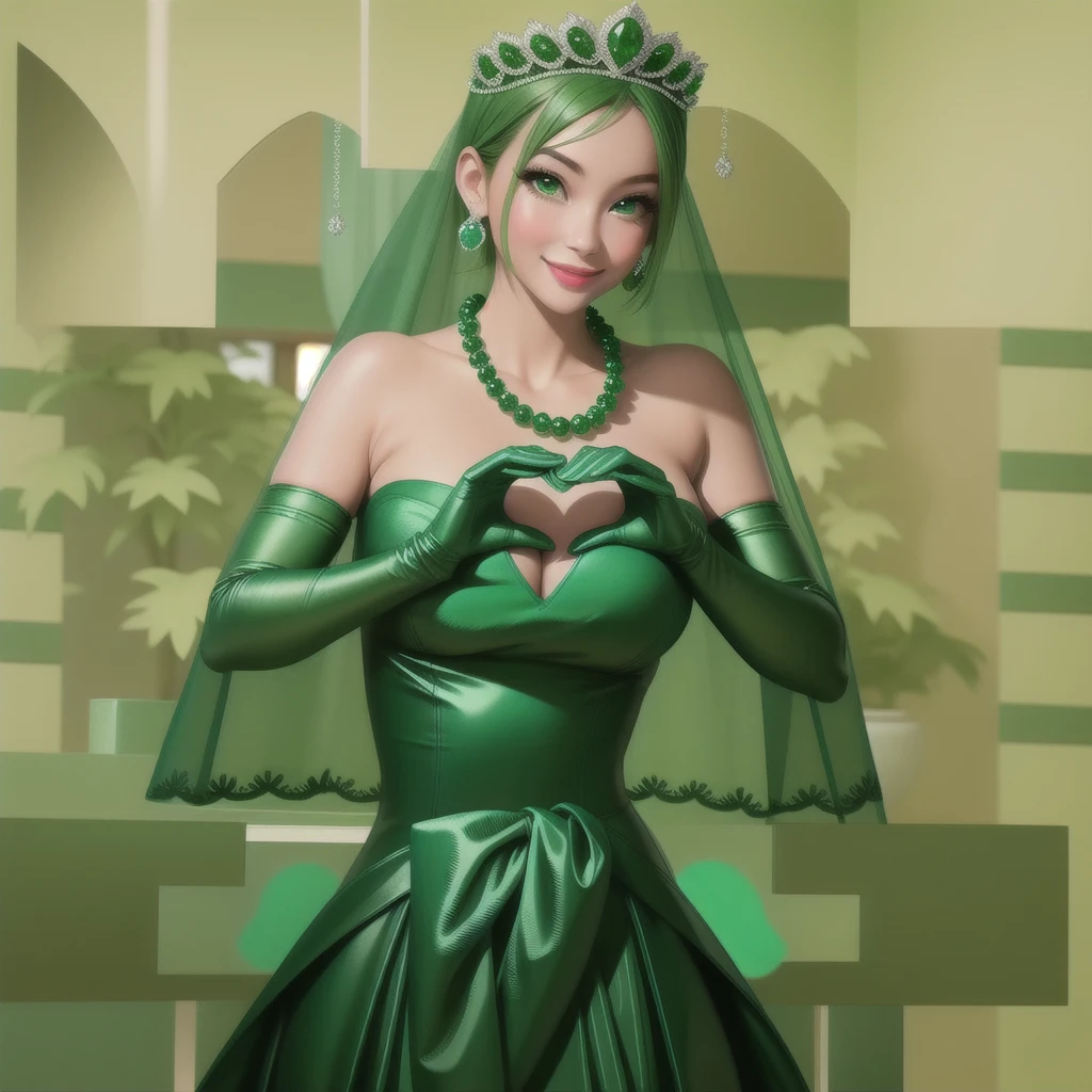 Emerald tiara, Green Pearl Necklace, ボーイッシュな非常に短いGreen Hair, Green Lips, Smiling Japanese woman, Very short hair, Busty beautiful lady, Green Eyes, Green satin long gloves, Green Eyes, Emerald Earrings, Green veil, Heart with both hands, Green Hair, Beautiful Japanese Woman, Heart shaped hands:1.3, green lip gloss