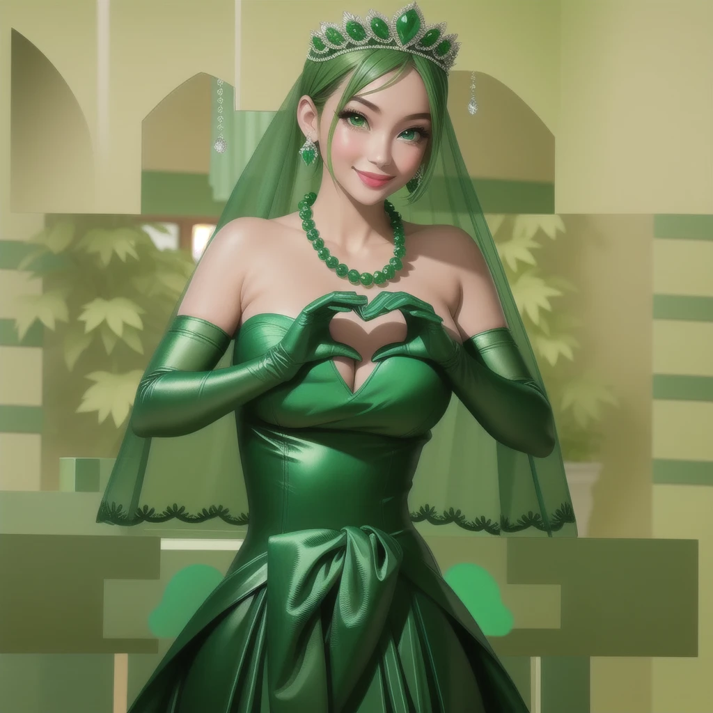 Emerald tiara, Green Pearl Necklace, ボーイッシュな非常に短いGreen Hair, Green Lips, Smiling Japanese woman, Very short hair, Busty beautiful lady, Green Eyes, Green satin long gloves, Green Eyes, Emerald Earrings, Green veil, Heart with both hands, Green Hair, Beautiful Japanese Woman, Heart shaped hands:1.3, green lip gloss