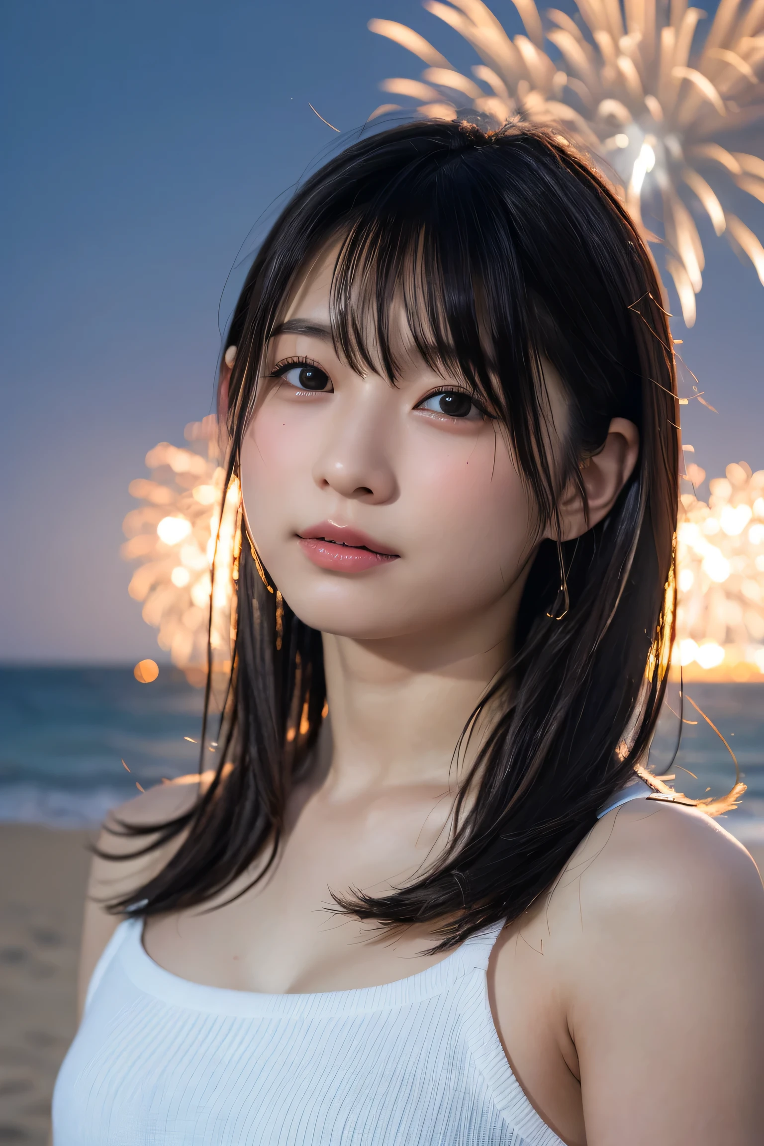 Japanese、Age 25、sister、Randomly generated people with diverse facial features and hairstyles、Perfect Anatomy,Ocean、Beach、firework、Night Sky、打ち上げfirework、目をOceanつぶる、Mature woman