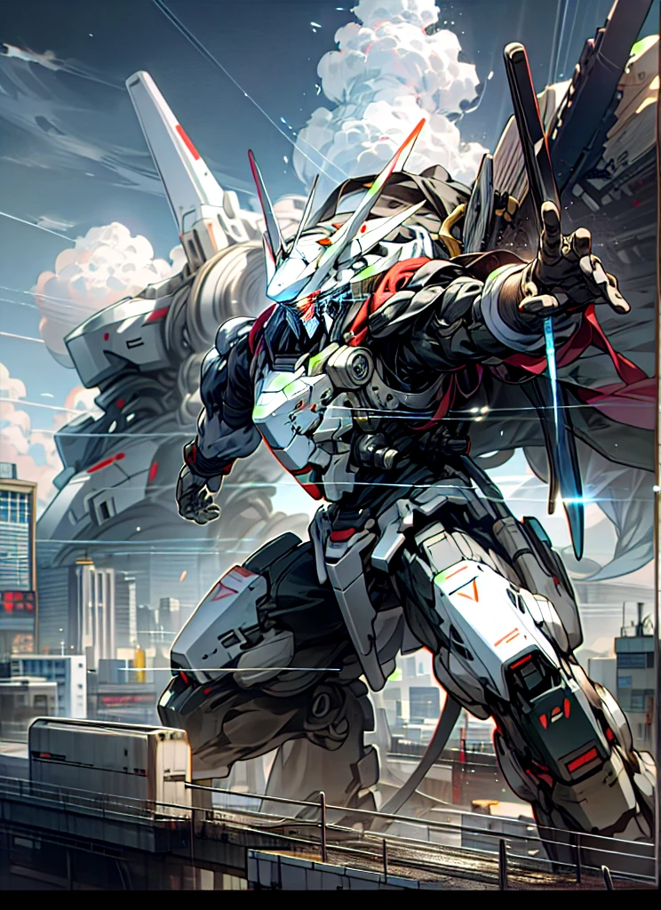 Kaneko,Sky, cloud, Keep_arms, No_Humanity, luminescent, , Machine building, luminescent_Eye, Mecha, science_novel, City, actual,Mecha,The mecha is huge,站立在大City中央,Long distance upward perspective,City非常壮观,3D Rendering,Dynamic evolution,Vivid details,best quality