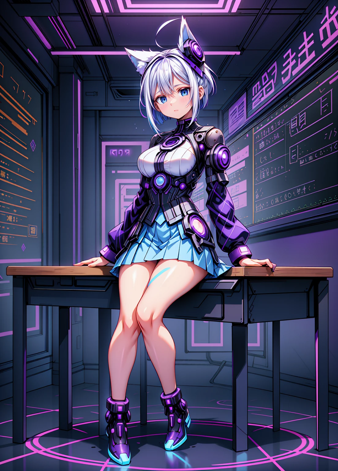 a beautiful woman, white hair with blue highlights, (((Full body))), Egirl makeup, ((White Hair with Blue Highlights)), hair accessories, shorth hair, cute face, face detailed, blue eyes, (((micro skirt))), (((Full Body, perfect hand, perfect face))), (((classroom, sitting))), cyberpunk, sitting, White hair, beautiful outfit, (((Purple, cyberpunk)))), animal ears, perfect face, Glowing Purple, GlowingRunes_purple, 
