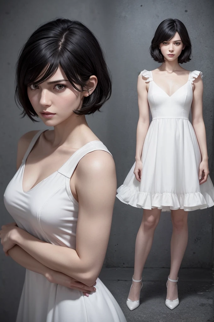 generate an image of a human in the features of the resident evil game based on these descriptions: a woman of medium height, with short black hair, slightly full lips and small, slanted black eyes. She is 5'6" tall and weighs 121lbs. She wears a coquette white ruffled dress and mary jane sandals, with white socks.
