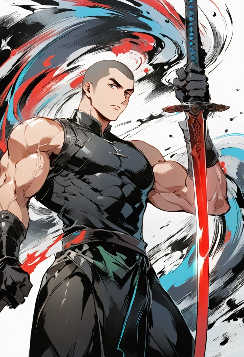 Chinese swordsman，Male swordsman，muscular，Short curly hair，Buzz Cut，Explosive muscles，Black spandex tights，Handsome，perfect pupils，Simple lines，Abstract Art，Holding a red long sword，