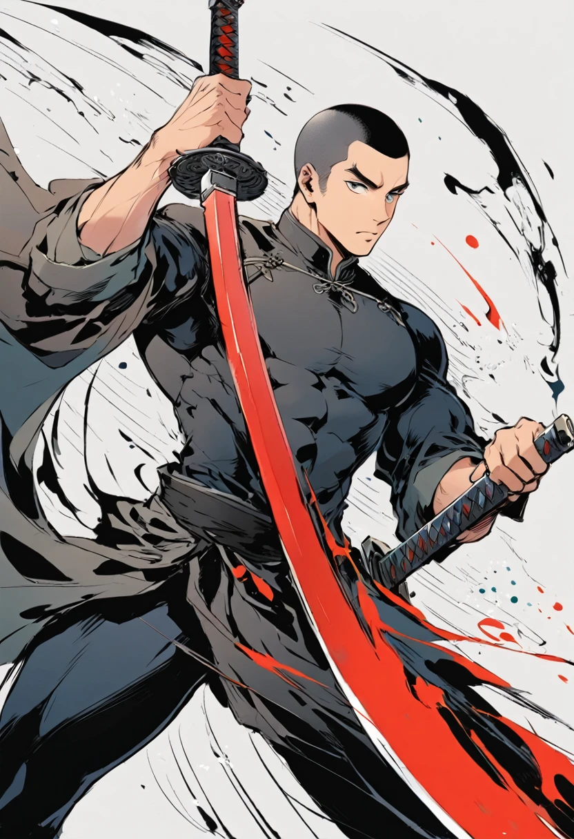 Chinese swordsman,Male swordsman,muscular,Short curly hair,Buzz Cut,Explosive muscles,Black spandex tights,Handsome,perfect pupils,Simple lines,Abstract Art,Holding a red long sword,