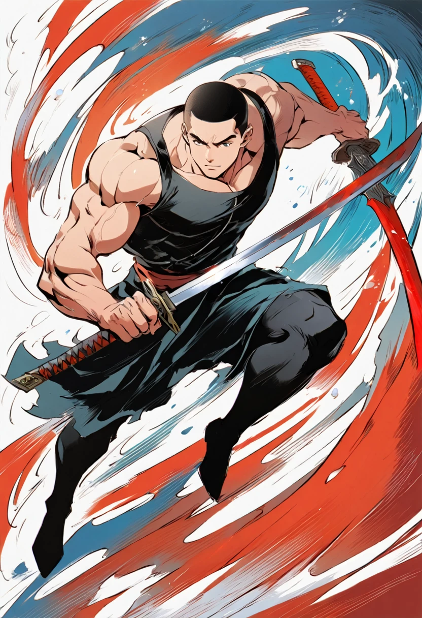 Chinese swordsman，Male swordsman，muscular，Short curly hair，Buzz Cut，Explosive muscles，Black spandex tights，Handsome，perfect pupils，Simple lines，Abstract Art，Holding a red long sword，