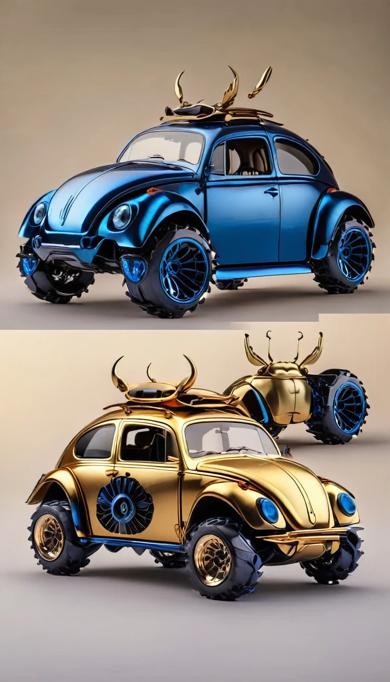 Volkswagen Beetle-based custom car、Insect-inspired futuristic design、The form of a rhinoceros beetle、blue、Shiny metal body、Big off-road tires、Horned beetles、Photographed from the front、Simple Background、1 set