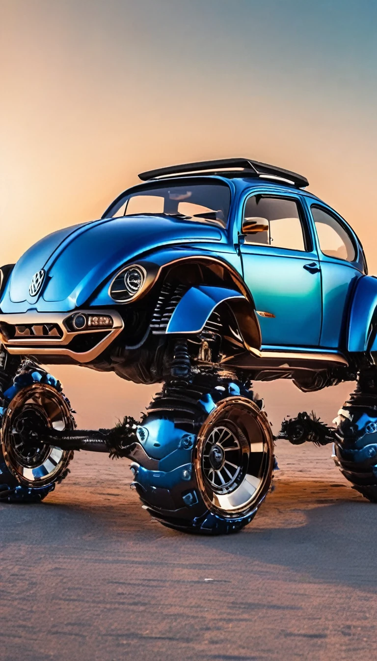 Volkswagen Beetle-based custom car、Insect-inspired futuristic design、The form of a rhinoceros beetle、blue、Shiny metal body、Big off-road tires、Horned beetles、Photographed from the front、Simple Background、1 set
