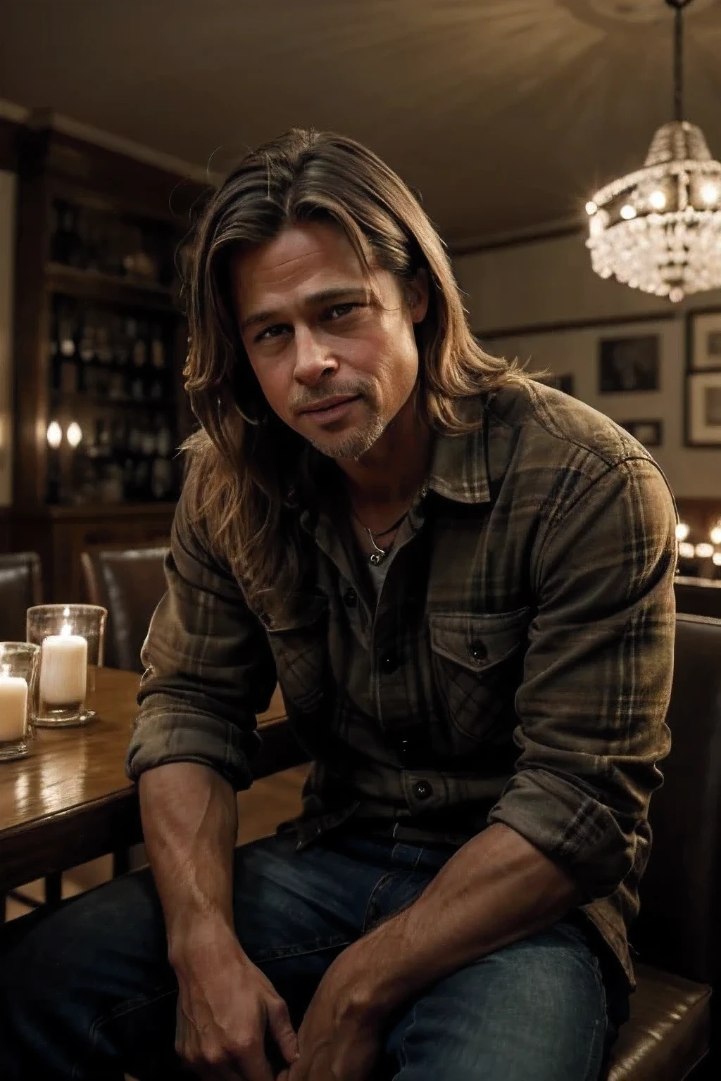photograph of a brad pitt in this current year, (warm facial expression), textured skin, goosebumps, plaid flannel shirt with distressed boyfriend jeans, in a luxurious restaurant, sitting down and holding up a paper realistically, perfect eyes, (candlelight,chiaroscuro), Porta 160 color, shot on ARRI ALEXA 65, bokeh, sharp focus on subject, shot by Don McCullin