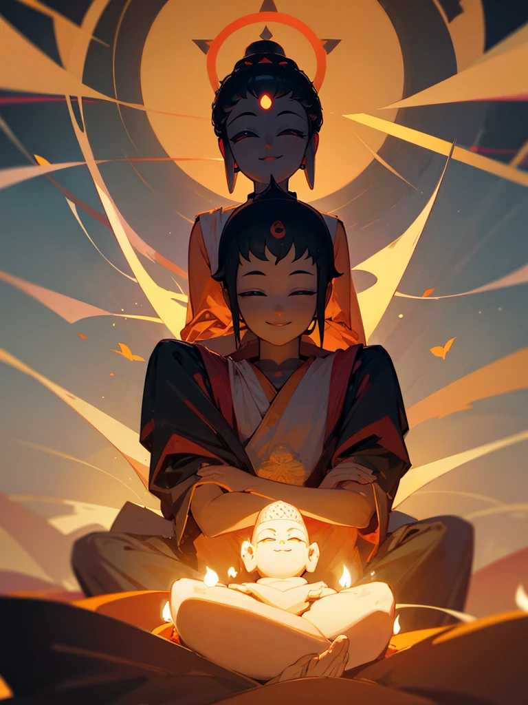 Amitabha Buddha smiling eyes closed buddha posture halo black hair hands together