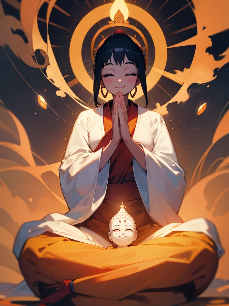 Amitabha Buddha smiling eyes closed buddha posture halo black hair hands together