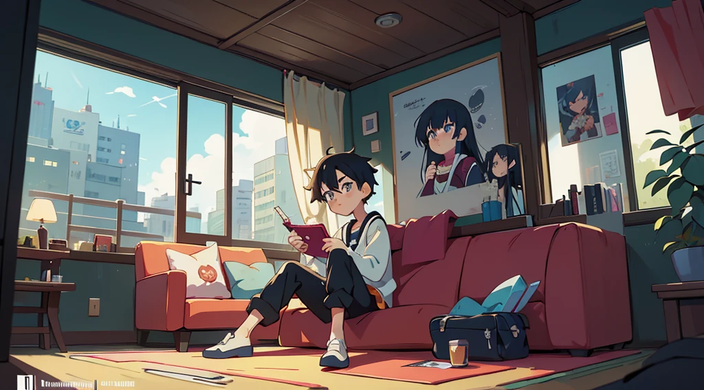 there is a boy sitting on a couch with a cell phone, digital anime illustration, anime boy, artwork in the style of guweiz, looking at his phone, in an anime style, in anime style, anime lover, high quality anime artstyle, anime picture, today's featured anime still, guweiz, high quality fanart, anime artstyle