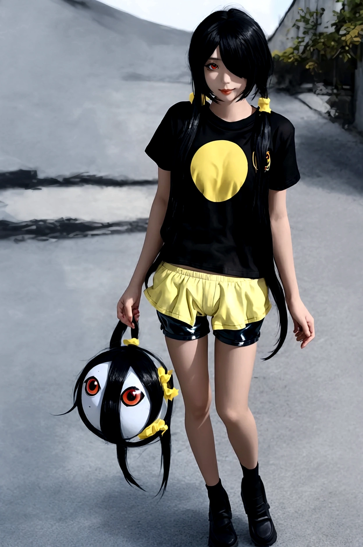 ultra-detailed,highly detailed,best quality,masterpiece,illustration,realistic, photo,photorealistic,
1girl, ((tokisaki kurumi)), cosplay, hair over one eye, (right red eye, left yellow eye), looking at viewer, happy girl, ponytail, ((t-shirts)), (((black hotpants))), hair rings, loafers,
(Outdoors), walking, beach