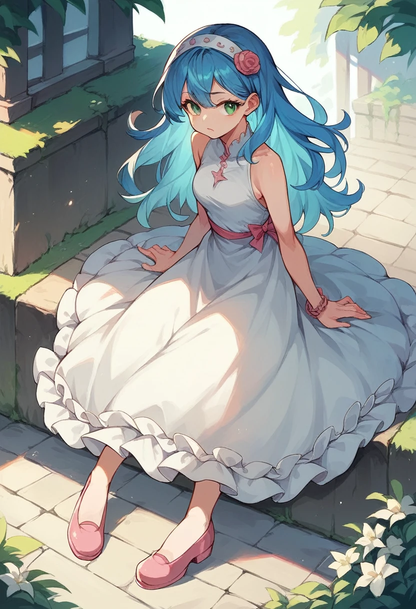 girl with long blue hair. Green eyes. Wearing a white dress and pink shoes.