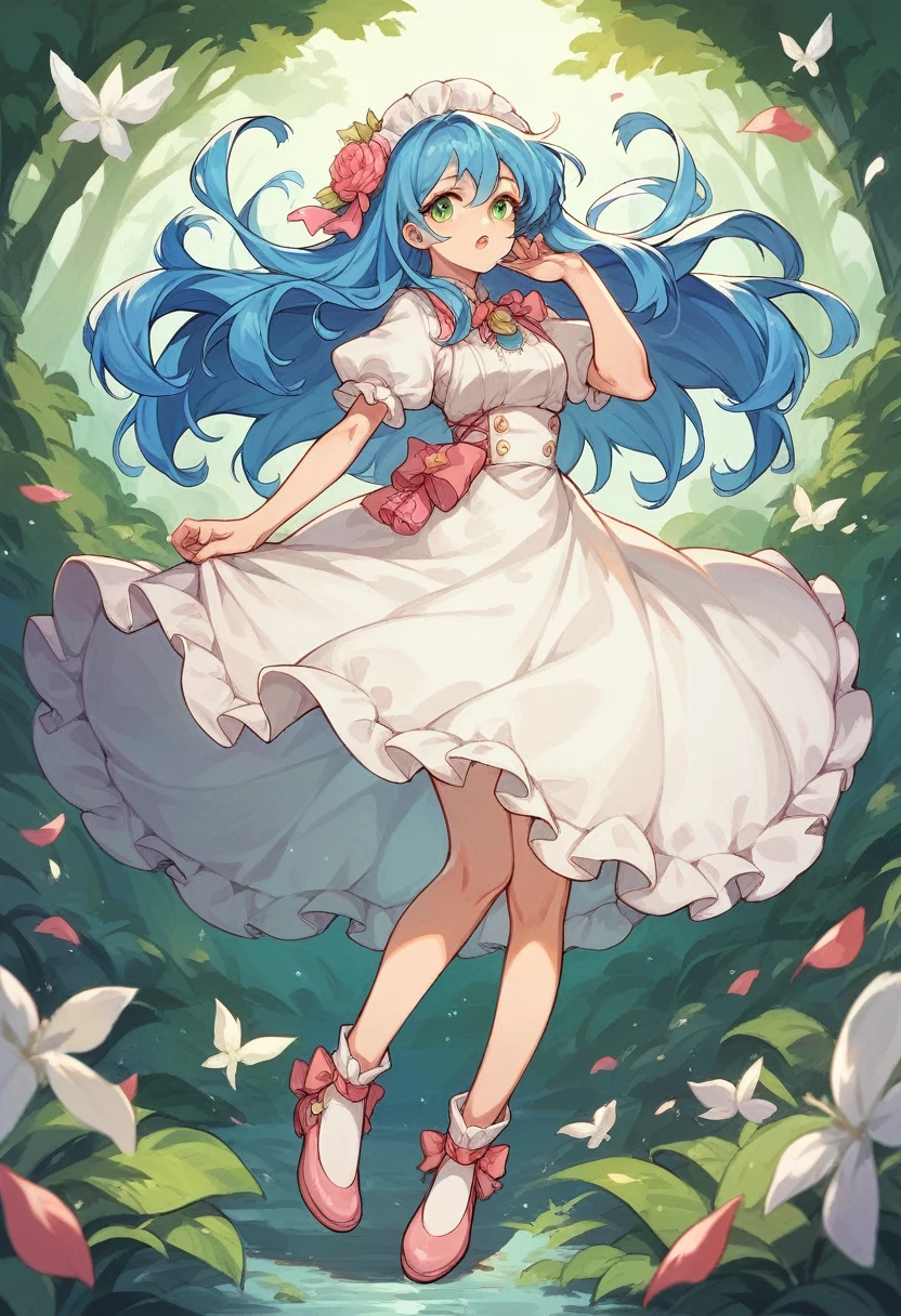 girl with long blue hair. Green eyes. Wearing a white dress and pink shoes.

