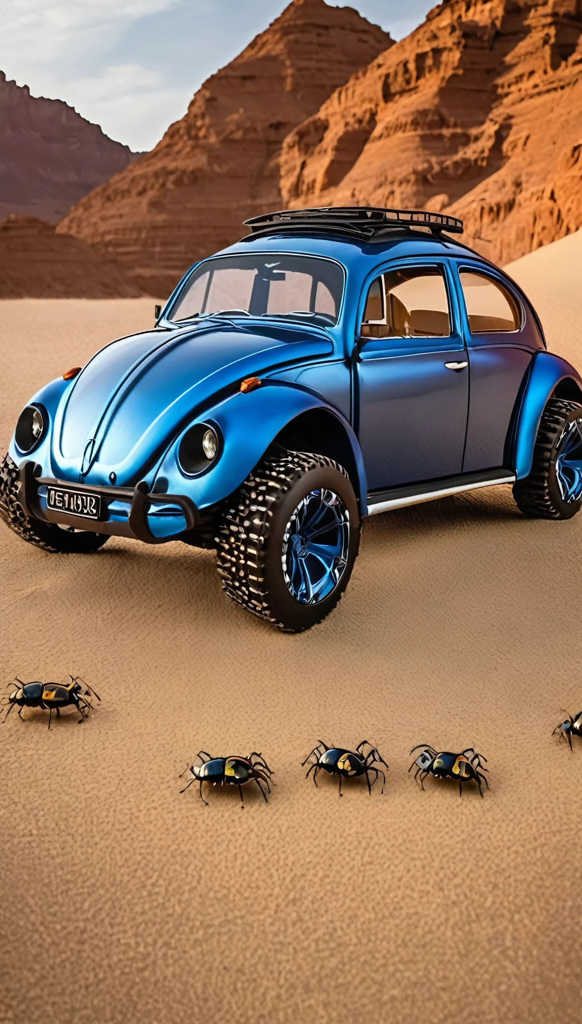 Based on the Volkswagen Beetle、Insect-inspired futuristic design、Beetle、blue、Shiny metal body、Big off-road tires、Beetleのツノ、Four wheels、5 meters