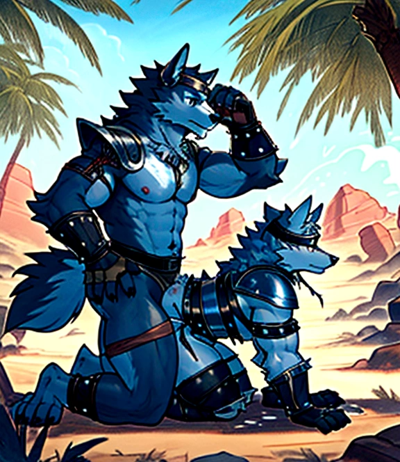 Sexy anthro furry wolf male, gay, kinky, sexy furry ancient desert tribal warior, headband shaggy shag hairs, old disgusting dirty dive, worn out skimpy armament, low on hips heavy leather belt, old worn skimpy dirty white linen jockstrap, white linen jockstrap with brown stains from old sperm cum, studded skimpy armlets breastplate armor, leather bondages, fingerless leather gloves, smelly unwashed fur, fluffy fur on intimate places, repulsive dangerous agressive sight, he is fucking with other smae looking wolf furry warrior, his hard dick is inside ass of other warrior, knelling on all fours from behind position, gay sex, cum cumshoot, legs wie open, orgasm, side view, dark war ancient desert tribal fortrees