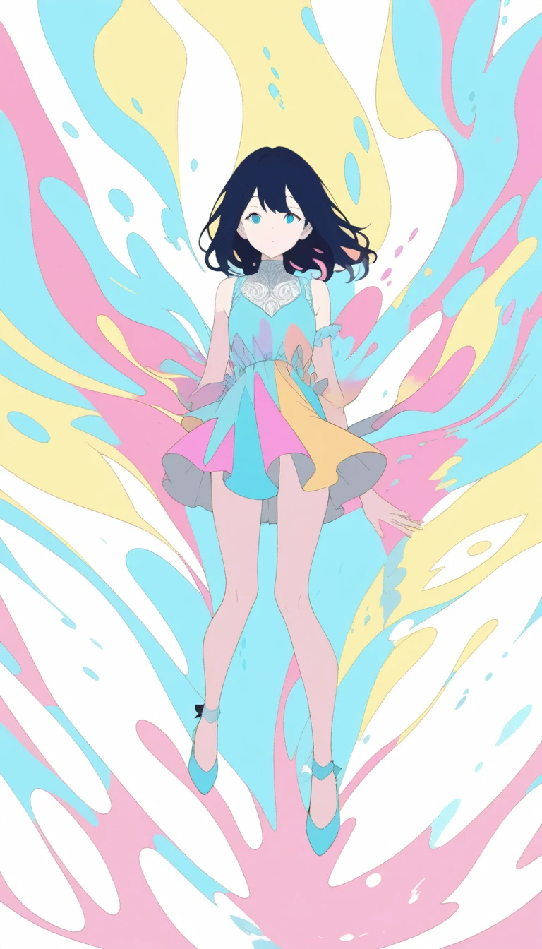 (Very detailed,Ultra-high resolution,Detailed Background),((2D)),((Flat Color)),((colorful)),((floating colorful water)),1 Girl,alone,Looking at the audience,break
