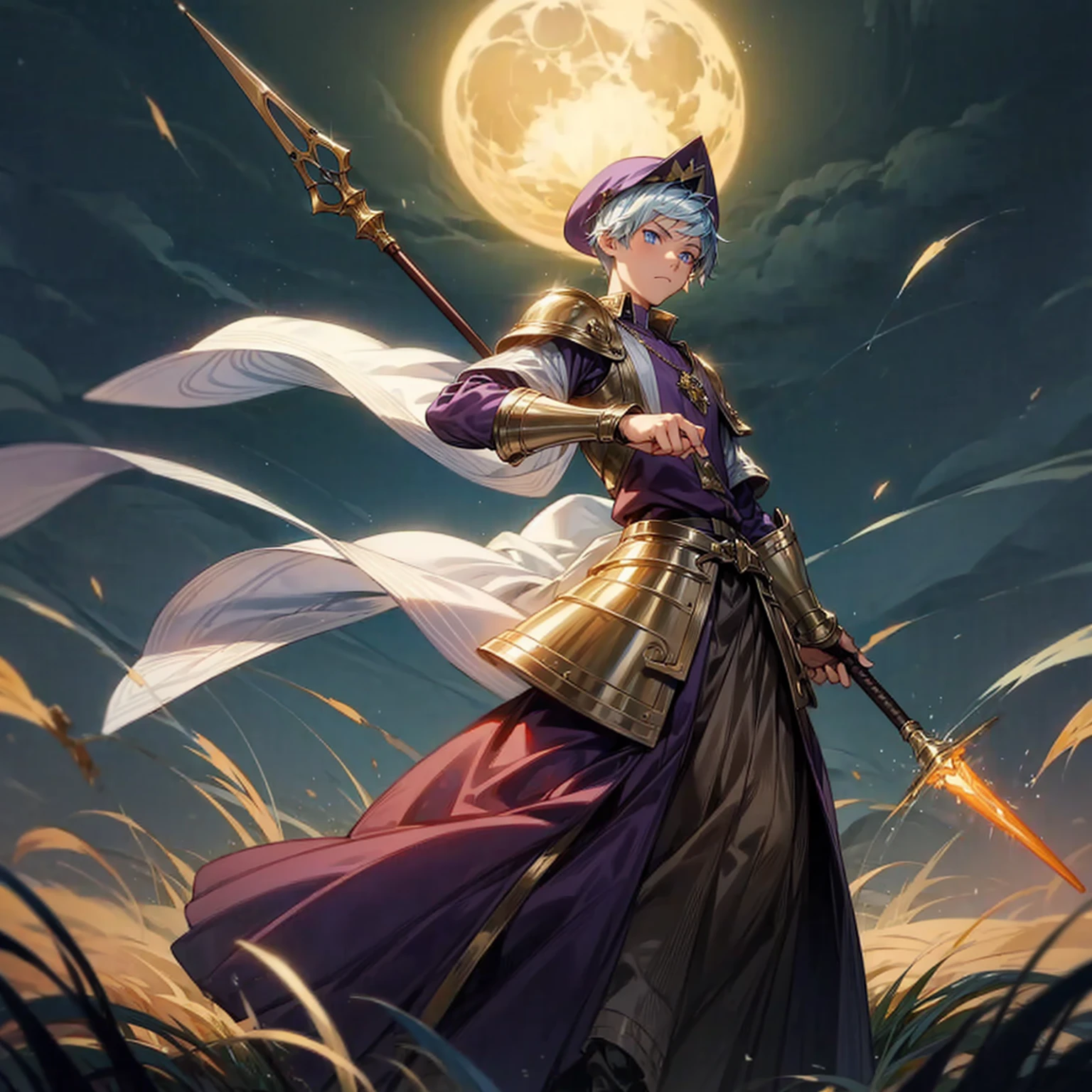 1boy, Full body version, 1character, blue eyes color, sad eyes, eyeliner, tan skin, classic fade haircut, almond eyes type, brown colour hair, medieval clothing style, breton hat, armor body, purple color clothing, silver necklaces, gold armor on hand, gold spear in hand, Grassroots background in field town, motion blur, plasma, fire, in night, moon, lighting fire, lighting moon, battle gesture, lighting Spear,