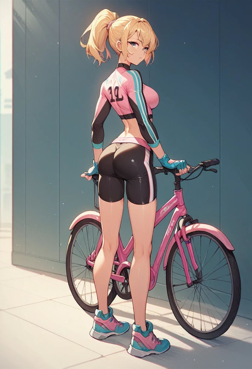 1girl, bicycle, pink bike jersey, pink bike shorts, ((tight jersey)), ((tight long sleeves)), blonde hair, fingerless blue gloves, ((tight gloves)), full body, gloves, short hair, ponytail, standing, solo, looking at viewer
