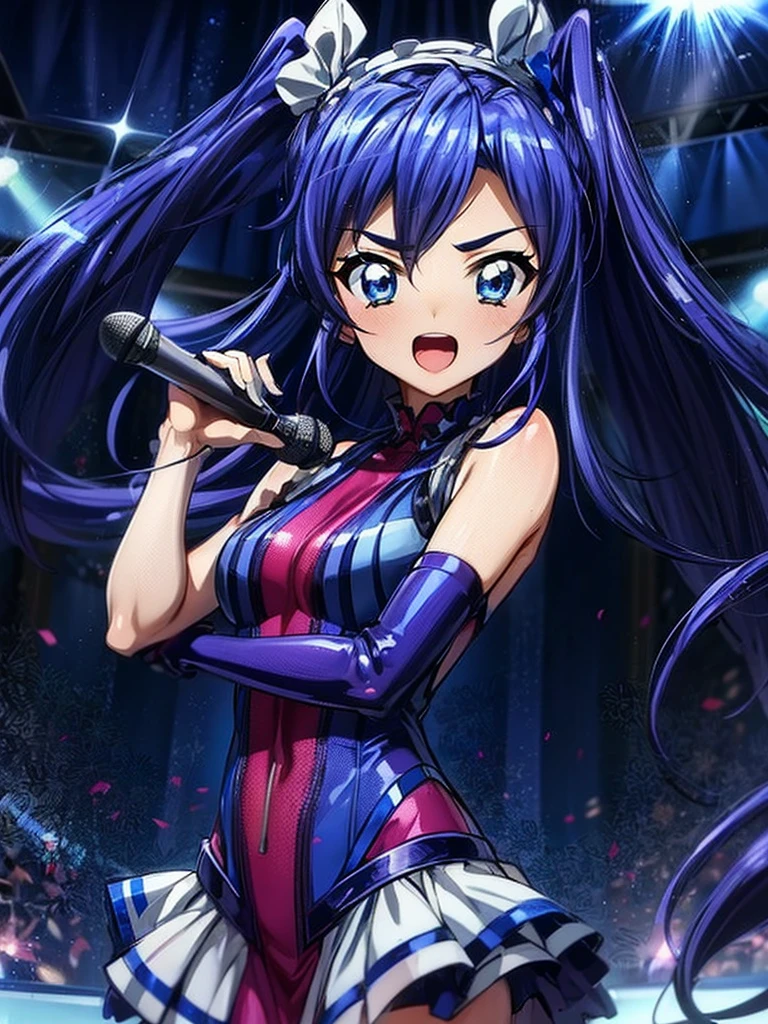 ,aikatsu,1 girls,in senki zesshou symphogear style , Blue long hair,Side Pony tail,Blue and White battle suit,BREAK,ultra-definition, high resolution, ultra-detail CG,caustics, Live stage, in front of super large vision, singing, stand microphone ,