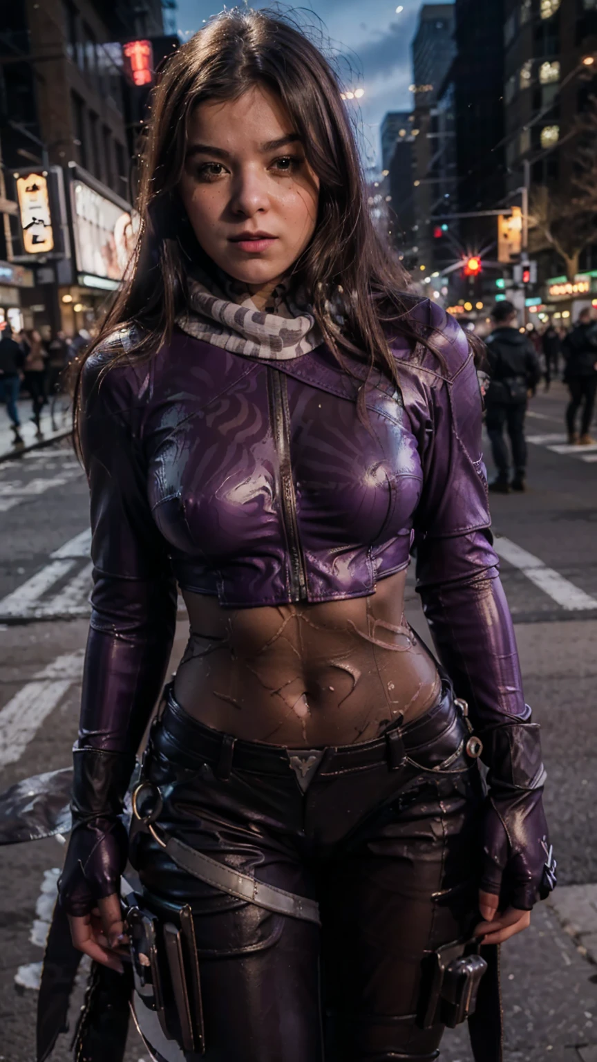 (masterpiece), (photorealistic1.4), (1 girl), (solo), (best quality), (epiCRealLife), (kateb2023 costume), (kateb2023 purple bodysuit), (young woman), (show cleavage), (ha1leest-smf), (white scarf), (night time), (light smile),, (latex nsfw outfit), (elbow gloves), (abs), (flash photography), (flashphoto), (cowboy shots), (outdoor), (street of new york), (at night), (look at viewers),
