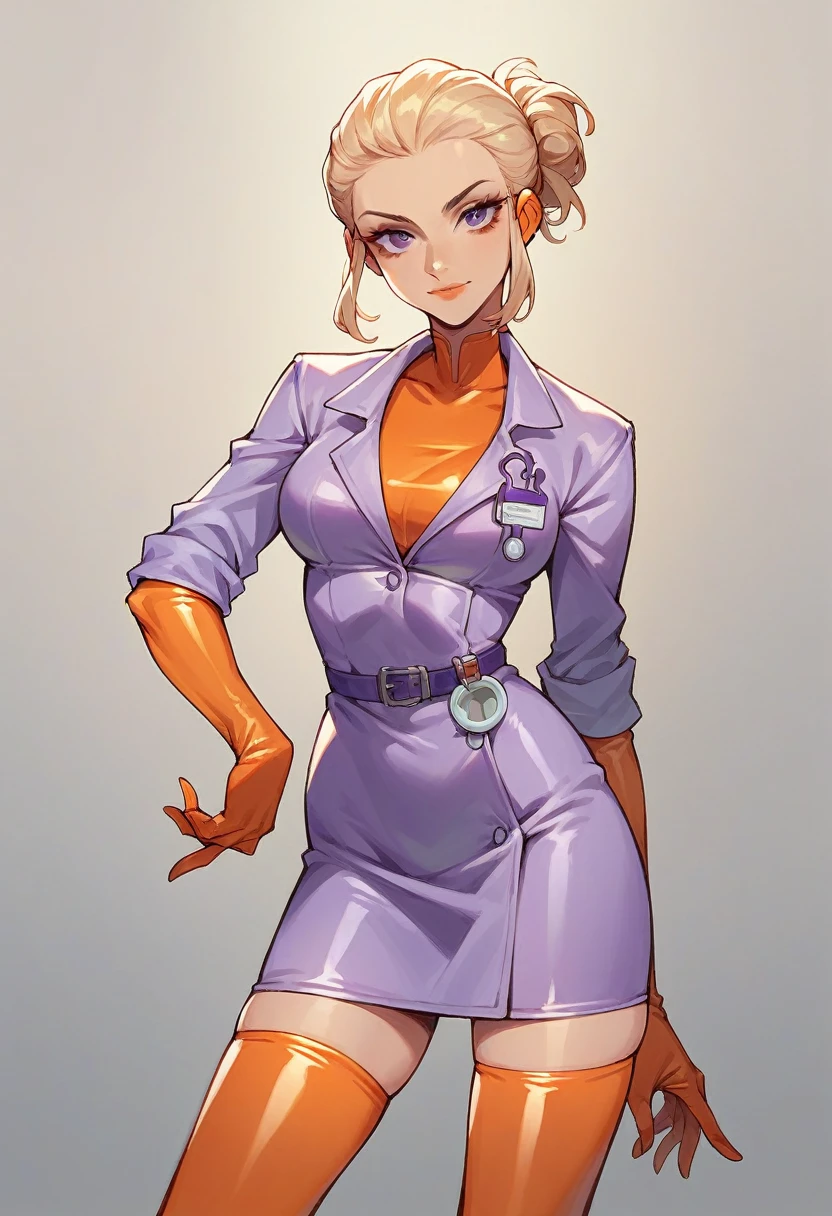 1girl, light hair, ((orange elbow gloves)), ((surgical gloves)), ((latex gloves)), ((long sleeves)) ((purple surgeon outfit)), looking at viewer, ((purple doctor outfit)), standing, solo
