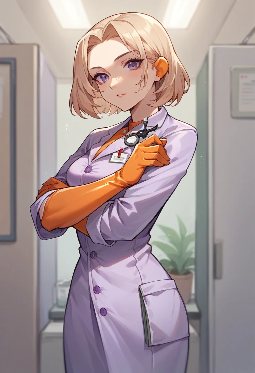 1girl, light hair, ((orange elbow gloves)), ((surgical gloves)), ((latex gloves)), ((long sleeves)) ((purple surgeon outfit)), looking at viewer, ((purple doctor outfit)), standing, solo