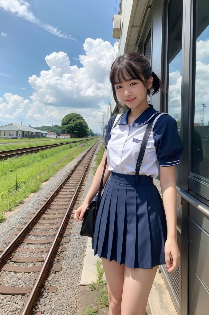 girls in rural station,train on far side,cumulonimbus cloud in summer sky,short-sleeved white shirt with sailor collar,navy blue pleated skirt,school bag,18-year-old,bangs,a little smile,thighs,knees,short hair with low pigtails bunches,from beside,front light